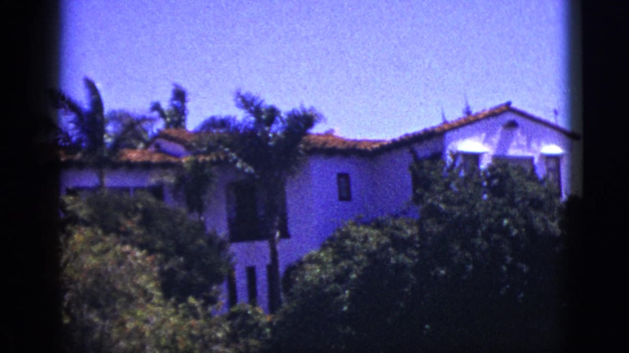White hacienda-style building with terracotta roof partly hidden by palms and hedges.