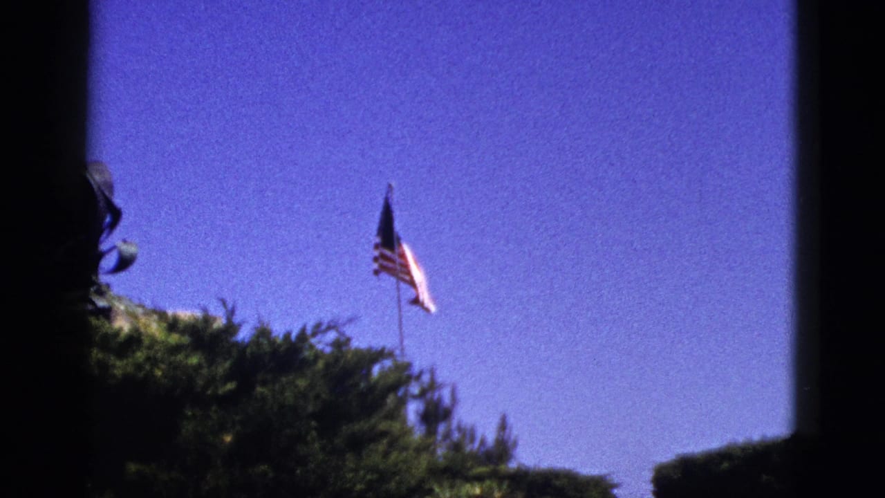 American flag above trees, partly framed by dark vertical edges.