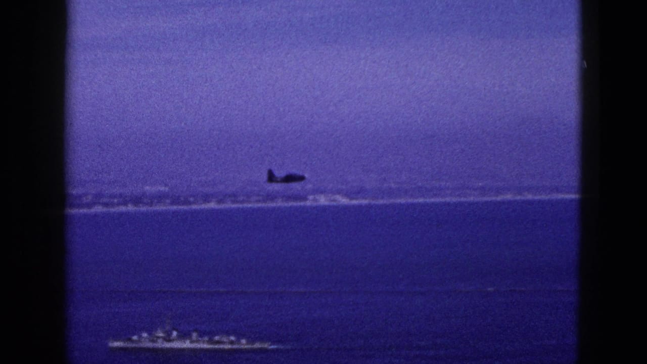 Distant aircraft flies over blue water near a pale shoreline.