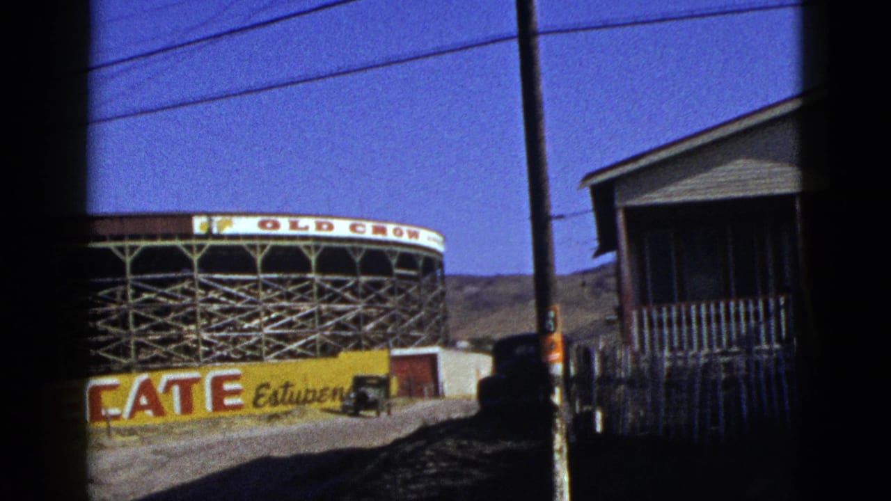 Old Crow and Tecate signs on a roadside structure, with a building edge and utility pole nearby.