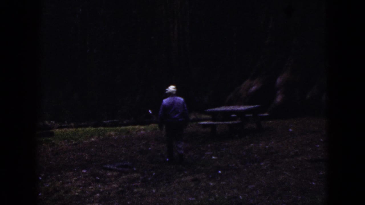 Man in a white cap walks away from the camera toward a picnic table in a dark wooded area.