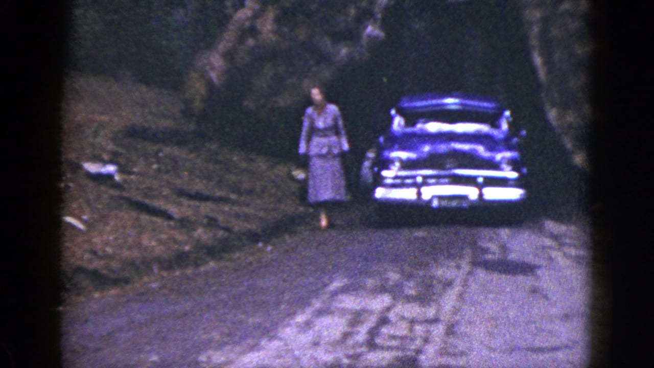 A woman stands near the front of a mid-century car on a wooded California road, with tall trees and film borders visible.