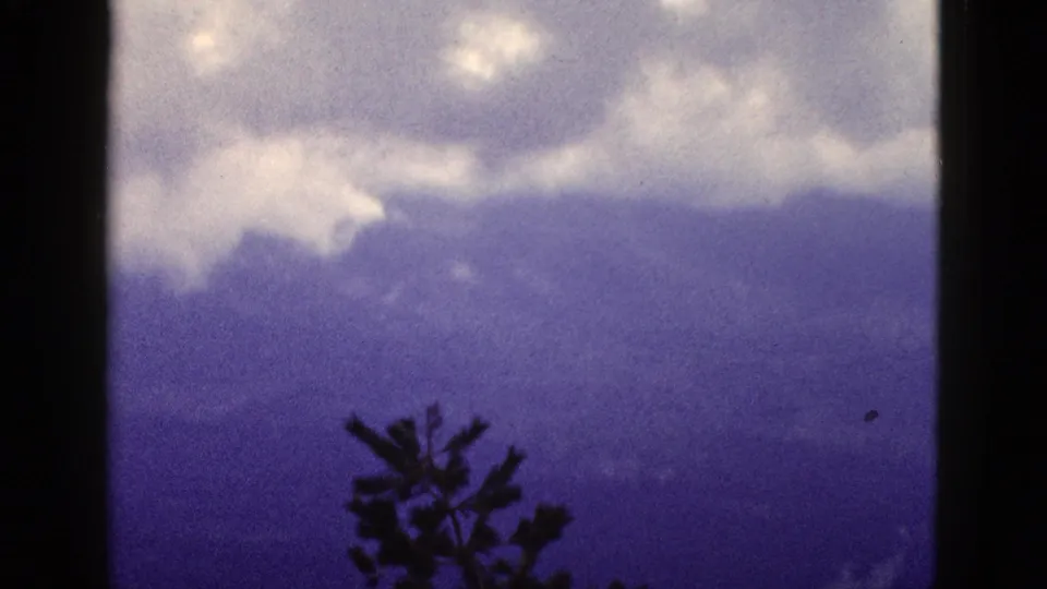 1953 California 8mm landscape frame with cloudy mountain ridges and dark evergreen branches in front.