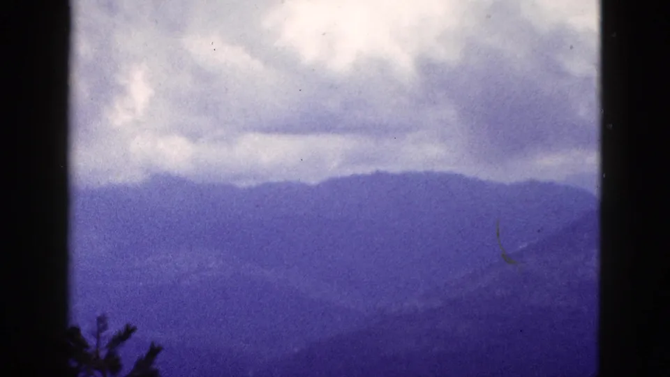 1953 California home-movie frame showing distant mountains under heavy cloud cover, with a silhouetted treetop and aged-film texture.