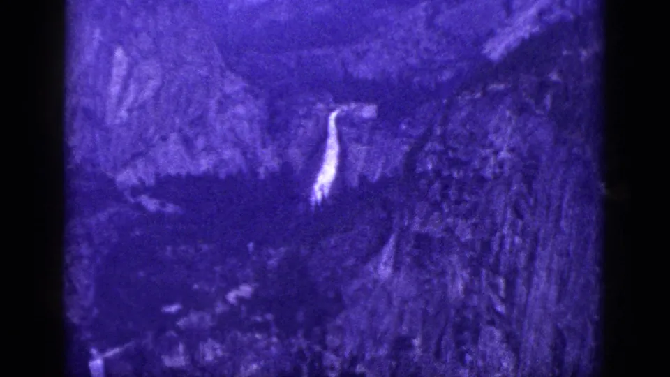 1953 California 8mm frame of a hillside waterfall seen past a dark tree trunk, textured rocks, and forested mountain terrain.
