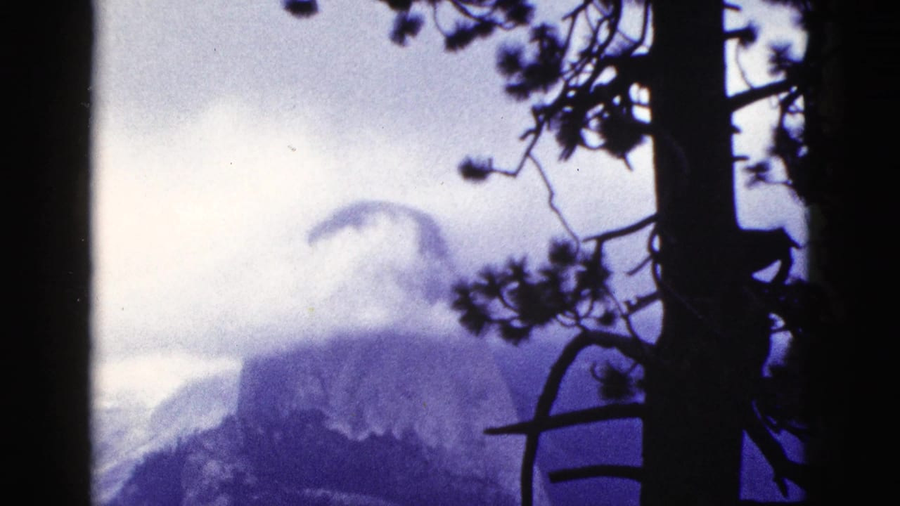 1953 California 8mm frame showing misty granite peaks, likely in Yosemite, partly obscured by low cloud and silhouetted pine trees.