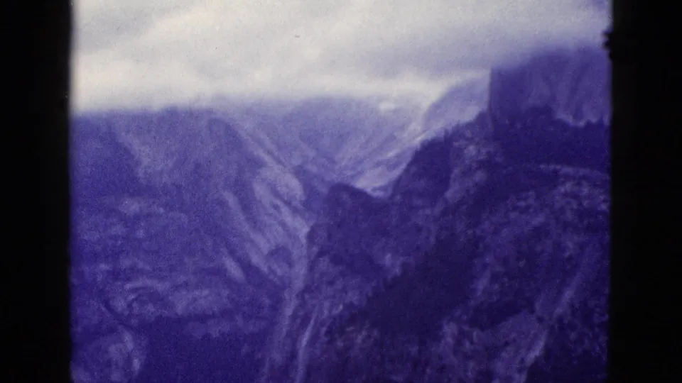 1953 California 8mm frame showing distant mountain ridges through dark foreground tree trunks, with a purple-blue film tint and soft haze.