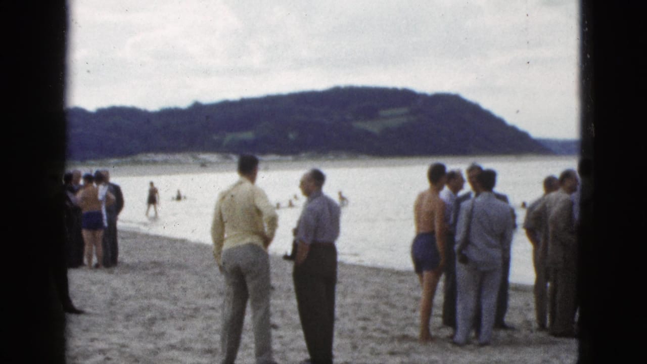 Crowd standing on a sandy bay shore watching swimmers in the water.