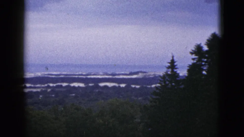 1953 California 8mm frame looking past dark foreground edges and evergreen trees toward distant water or snow under a hazy sky.