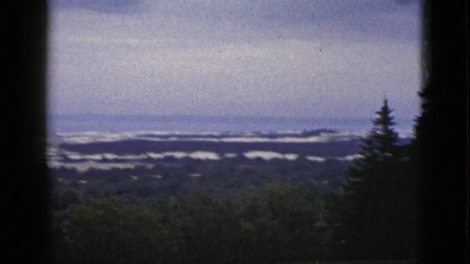 1953 California home-movie view framed by dark edges, with treetops in front of a distant pale banded landscape and sky.