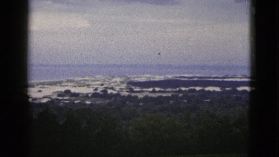 1953 California home-movie frame showing dark trees in the foreground and a distant ocean shoreline under a cloudy sky.