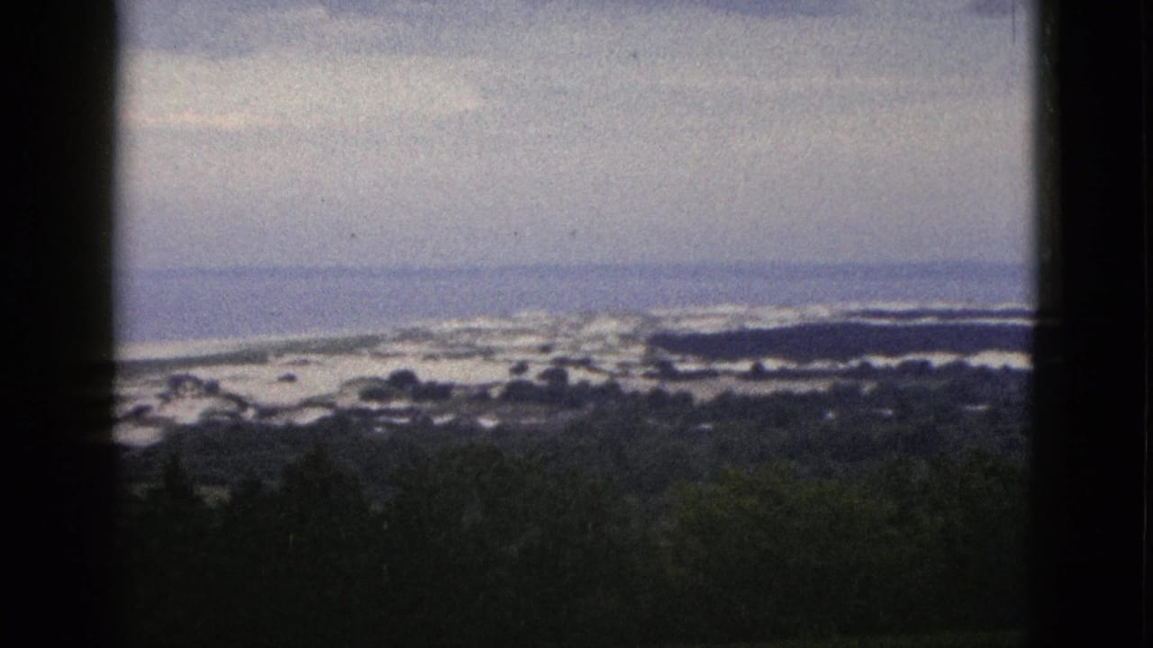 1953 California coastal landscape with tree silhouettes, rolling land, pale surf, and a soft ocean horizon.