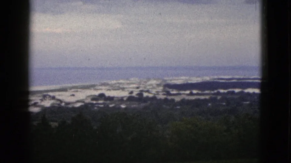 1953 California coastal landscape with tree silhouettes, rolling land, pale surf, and a soft ocean horizon.