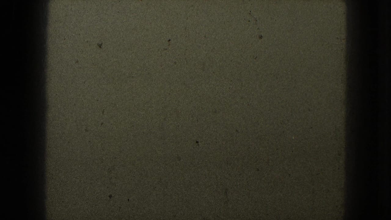 1953 8mm frame from Milwaukee metadata showing dark olive film grain, scattered dust, and heavy black edge shadowing.