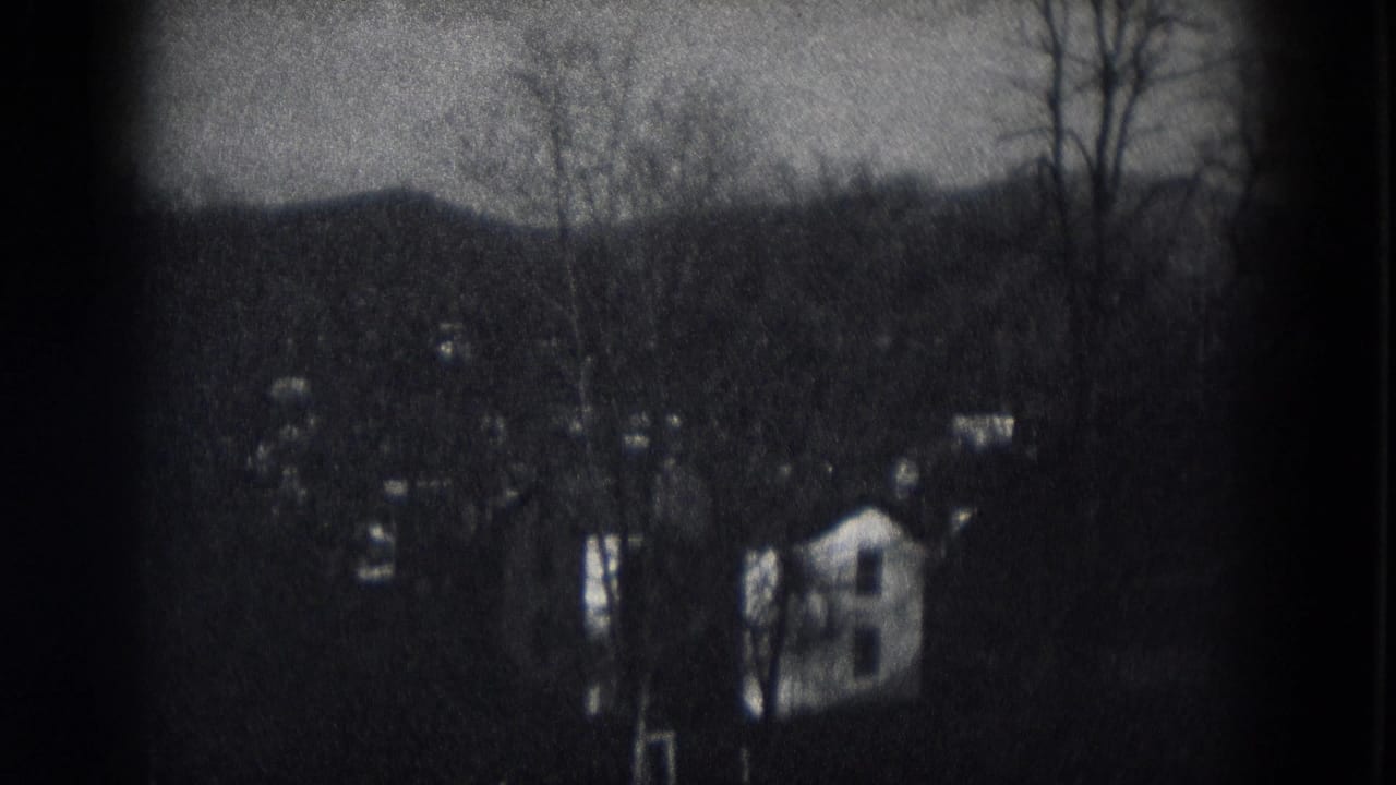 Distant houses among bare trees below a wooded hill.