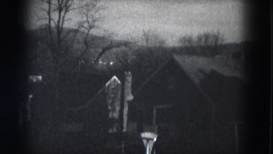 A closer black-and-white view shows a house roof and chimney with bare trees and a wooded rise behind it.