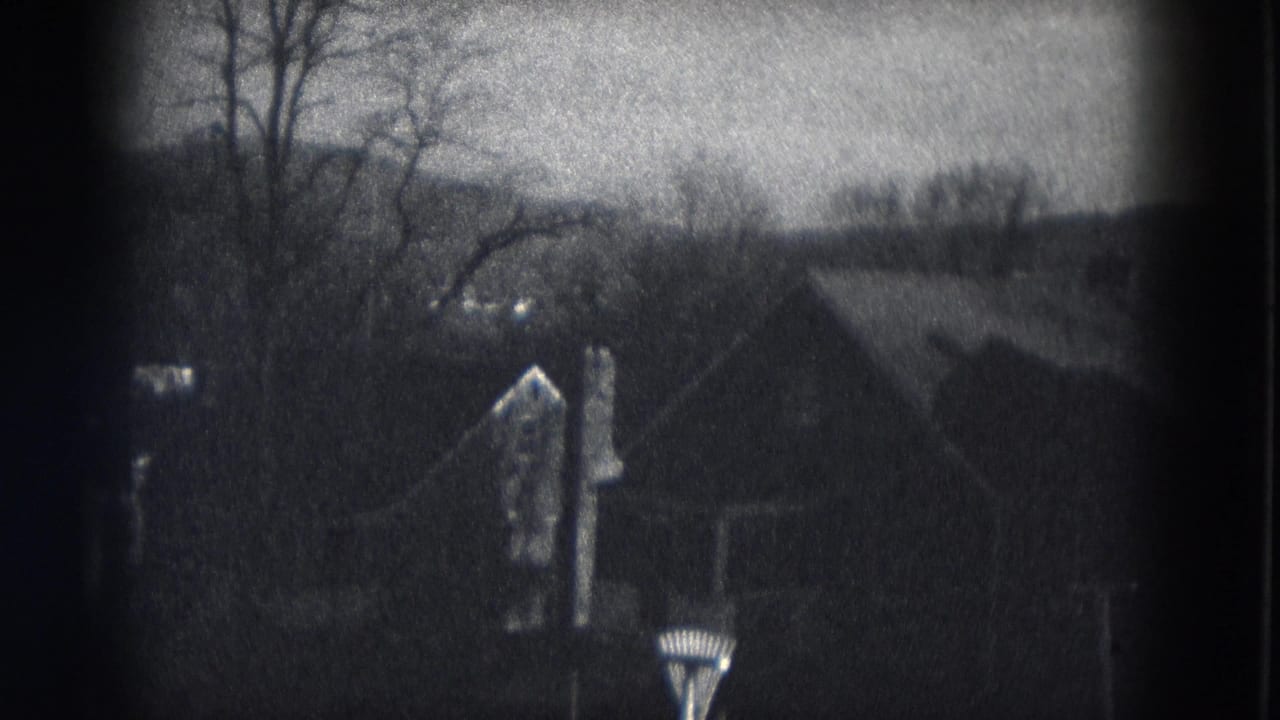 Bare trees and dark rooftops seen across a residential neighborhood.
