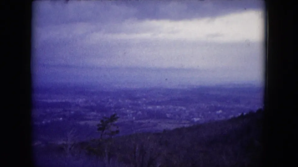 1953 Wisconsin 8mm frame showing a distant lakeside city or shoreline from a hillside, with brush and a small tree in the foreground.