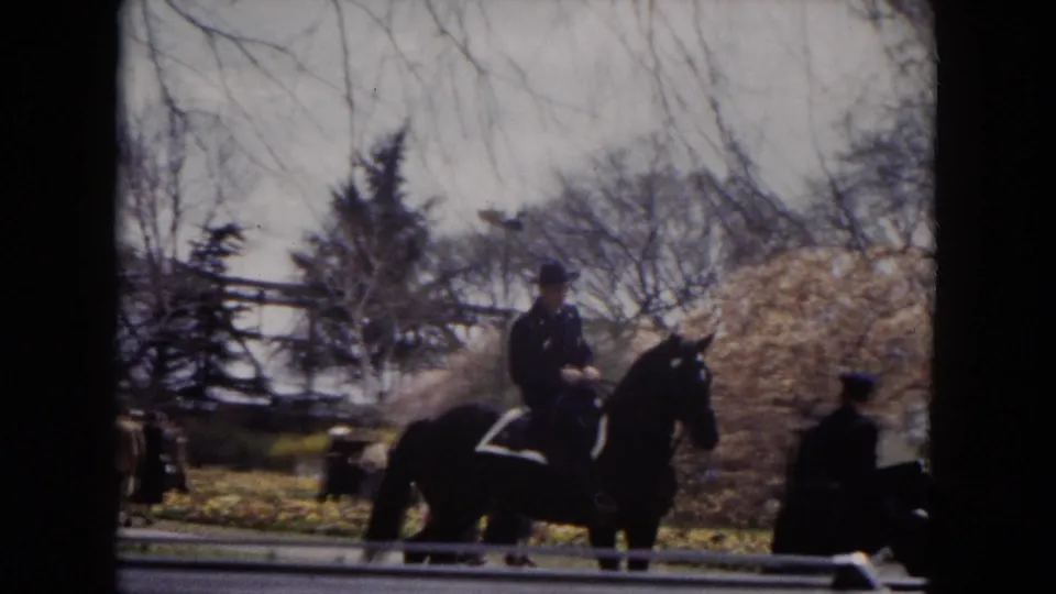 A mounted police officer on a dark horse appears in a Milwaukee park near flowering trees and a railing.
