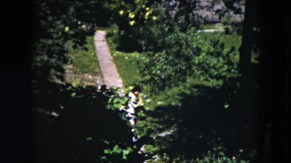 Milwaukee garden view with a stone path, dense greenery, and a woman partly visible near flowering plants in soft 8mm color.
