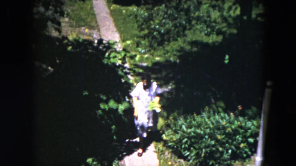 A woman in a light dress stands along a Milwaukee garden path, surrounded by shrubs, flowers, and deep tree shade.