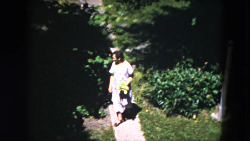 In 1953 Milwaukee home-movie footage, a woman in a light dress carries a yellow basket along a sunlit garden path.