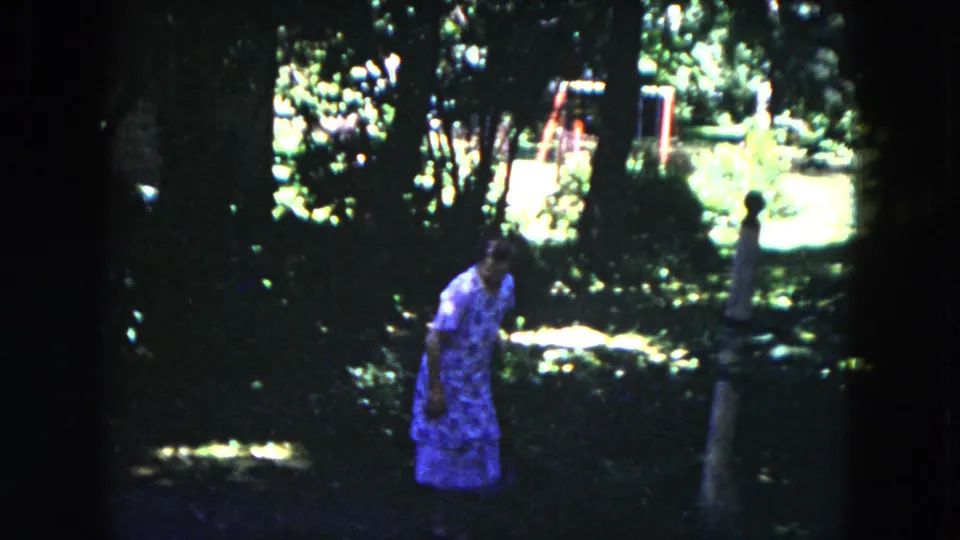 A woman in a blue patterned dress stands in a Milwaukee garden, with bright lawn and a swing set visible behind her.