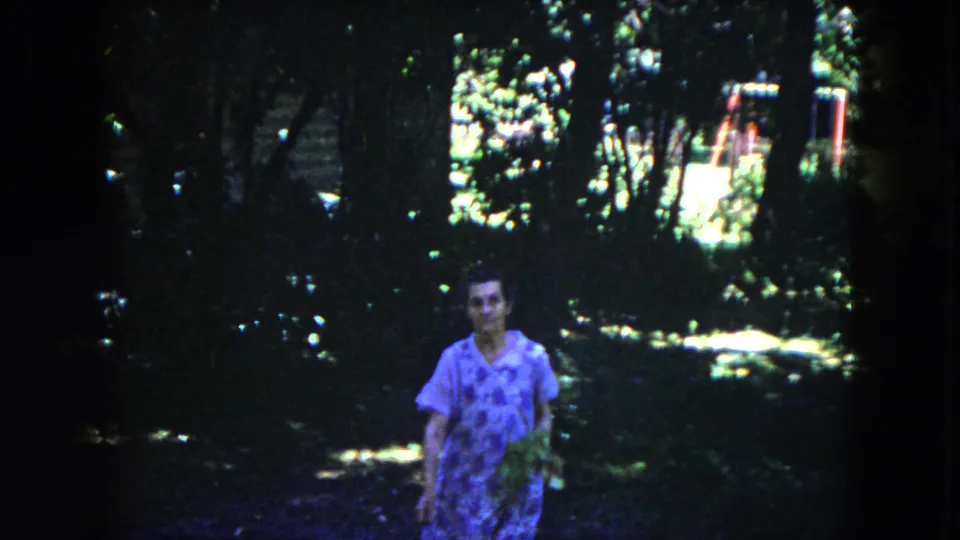 The woman appears nearer the camera in the shaded Milwaukee yard, with bright foliage and garden structures behind her.
