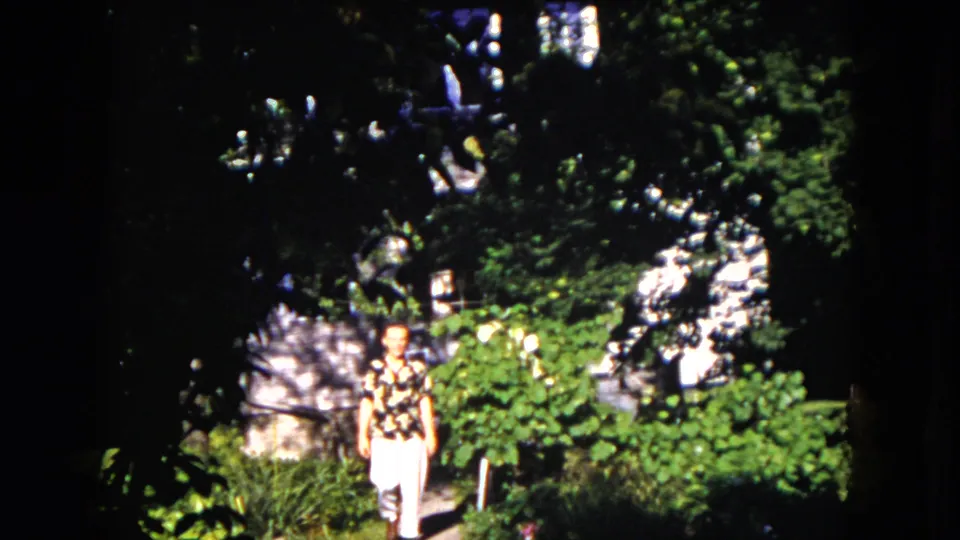 The man nears the camera in the Milwaukee garden, framed by leafy plants, dark tree canopy, and patches of strong sunlight.