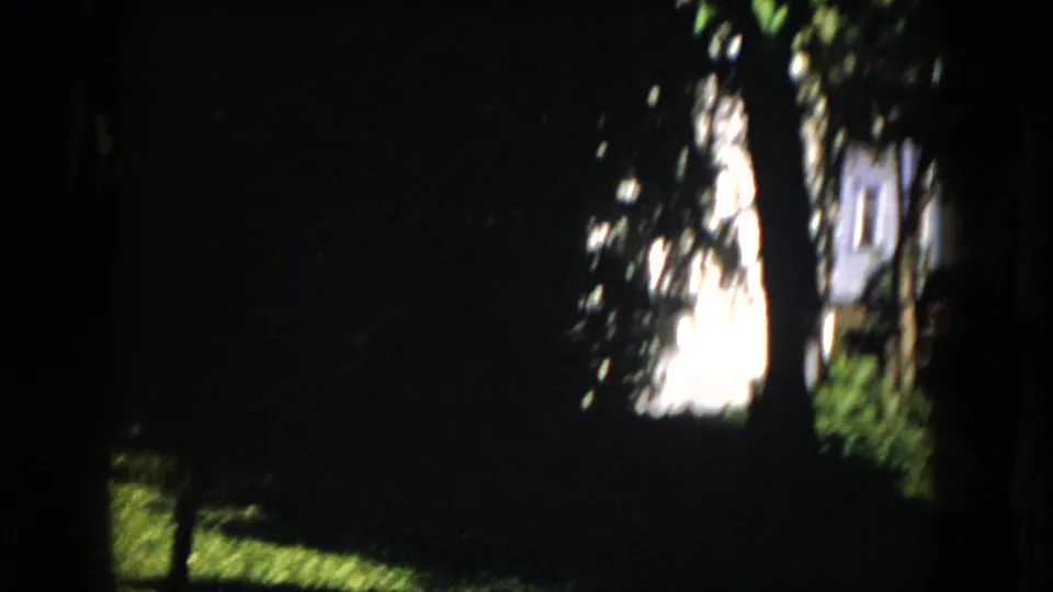 A shadow-heavy 8mm frame shows tree trunks, grass, and a bright blurred structure or garden feature in the Milwaukee home-movie setting.