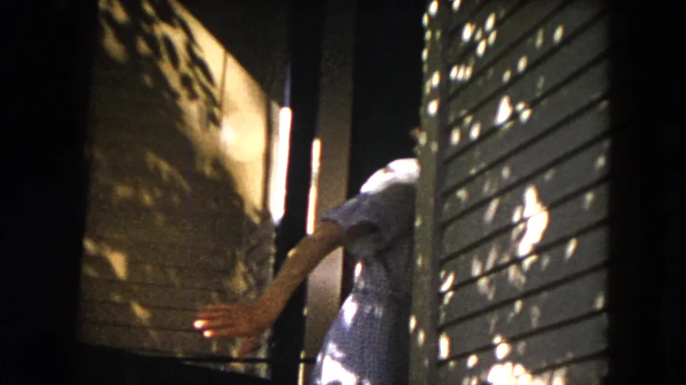 A woman appears to open or move through a doorway, with bright spots of sunlight on the slatted wall beside her.
