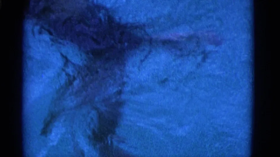 The swimmer is seen mostly underwater in the 1953 Yonkers pool footage, with hair, arm movement, and blue rippling water visible.