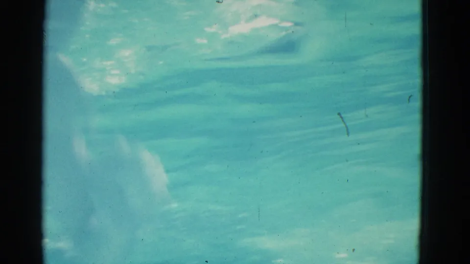Close 8mm frame from the Yonkers swimming clip, showing blue-green water, wavering reflections, dust, scratches, and the center film divider.