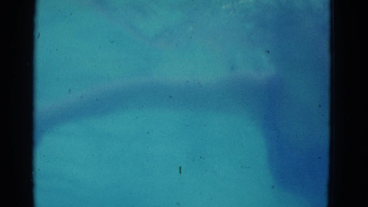 1953 Yonkers home-movie frame showing a swimmer partly underwater in blue pool water, with soft 8mm grain and frame-edge borders.