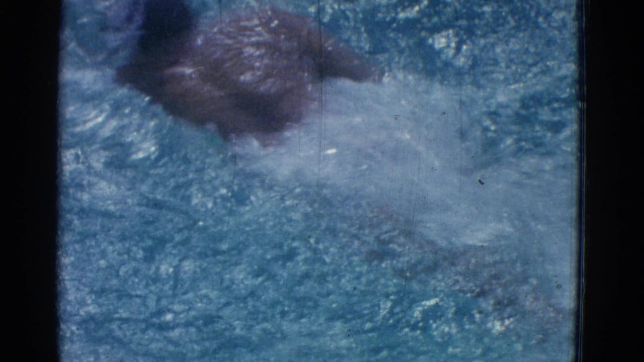 Swimmer in white swimwear splashes through blue pool water near the film frame edge.