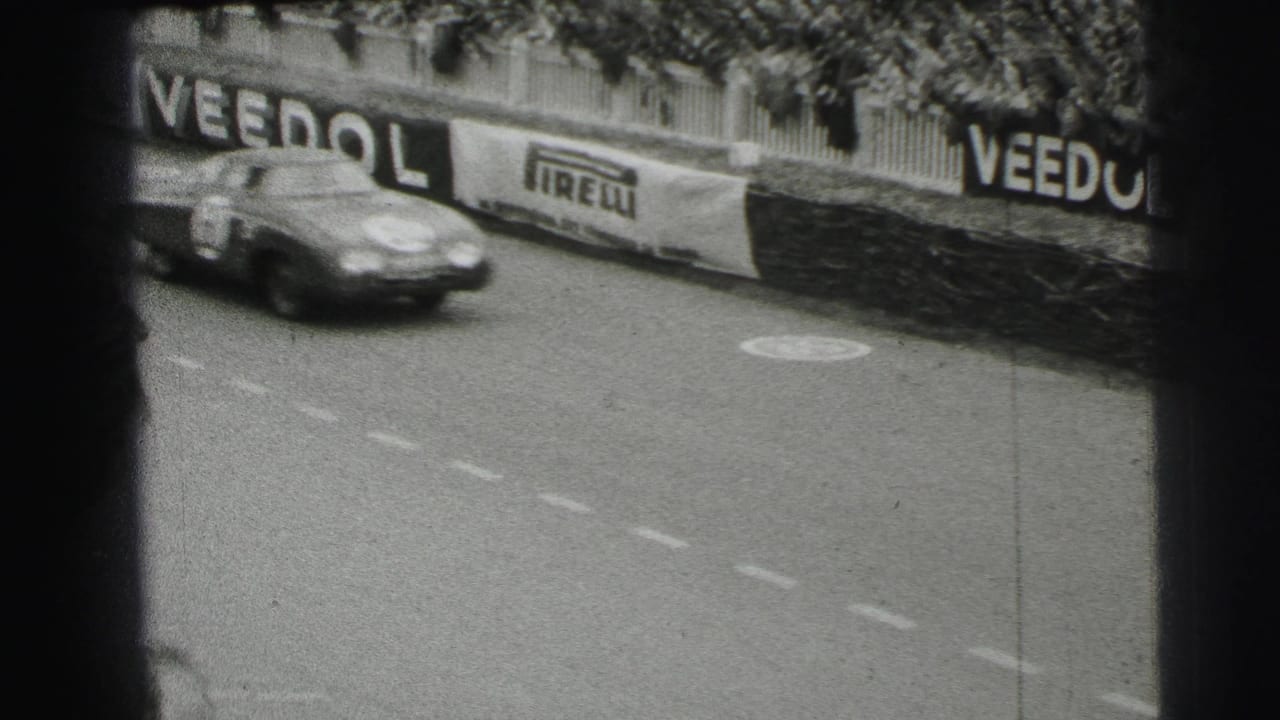 The final frame shows a race car moving past the Le Mans barriers, with spectators above and prominent Veedol and Pirelli signage.