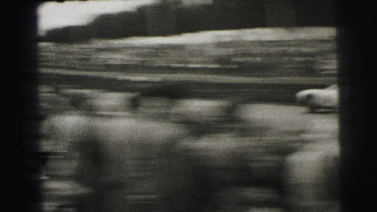 Black-and-white 8mm frame from Le Mans showing racing cars blurred by speed as they pass along the track.