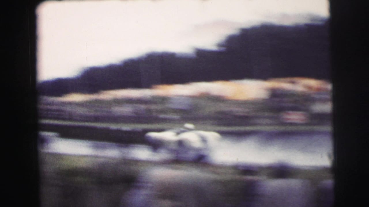 A white sports car speeds along the Le Mans course, with trackside barriers, grass, and a wooded background visible in soft 8mm focus.