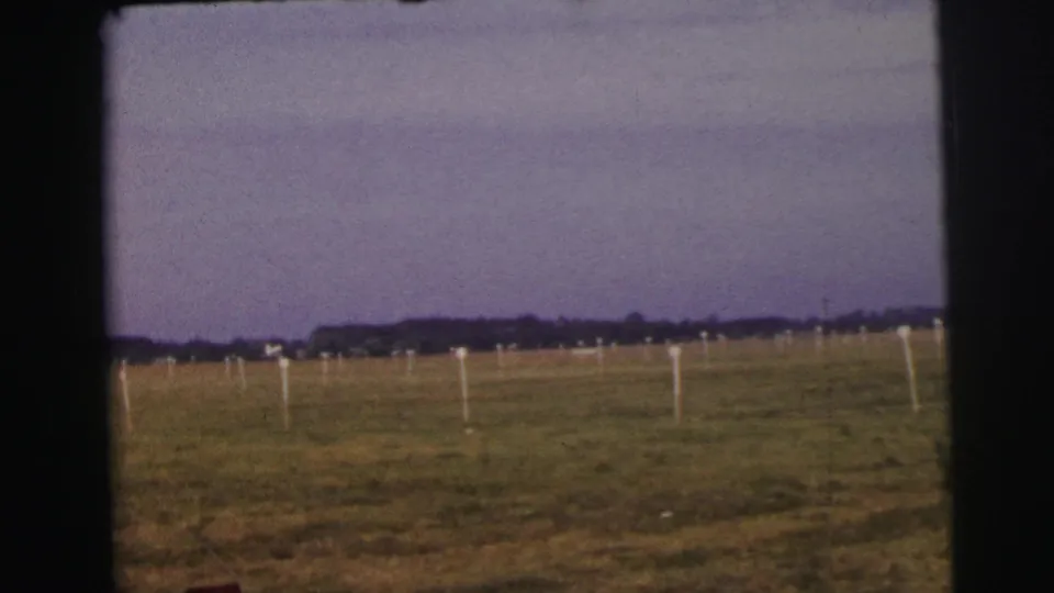 Wide 1954 Le Mans airfield view with grass, white marker posts, distant trees, and dark vehicle or film-edge framing.
