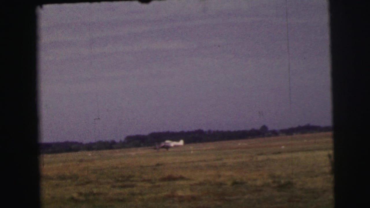 Small aircraft on a grassy airstrip with a treeline and cloudy sky in the distance.