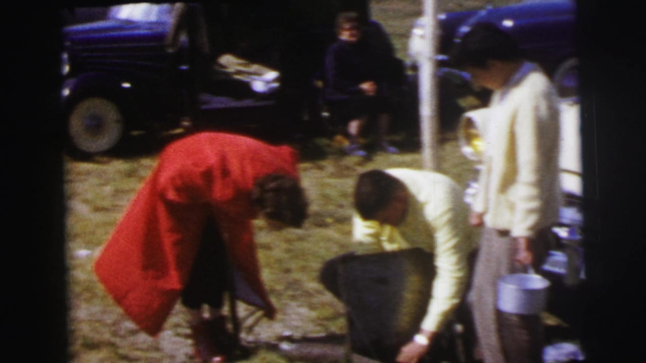 Woman bends near a crouching man beside parked cars and a roadside post.