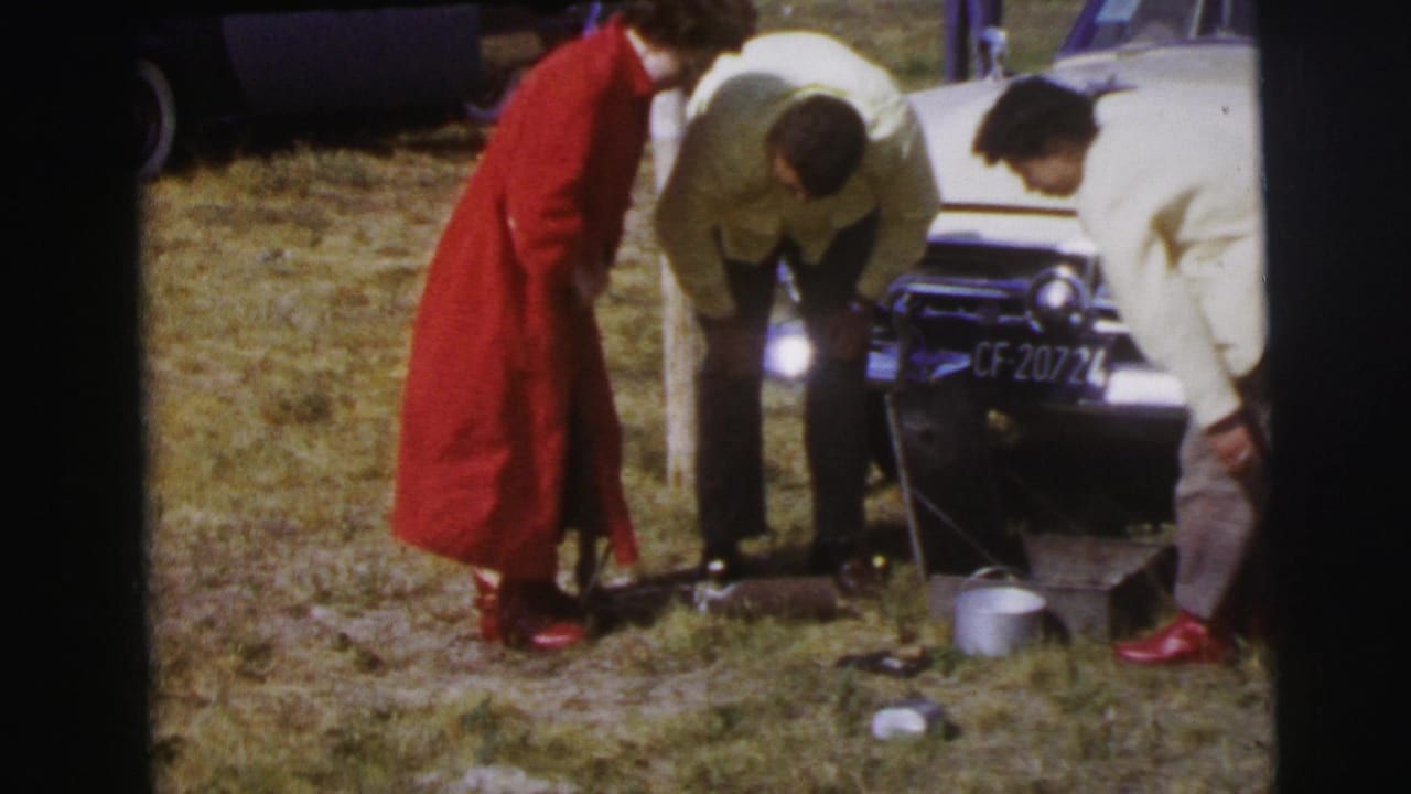 Group leans near the front of a pale car with a metal pot and utensils on the grass.