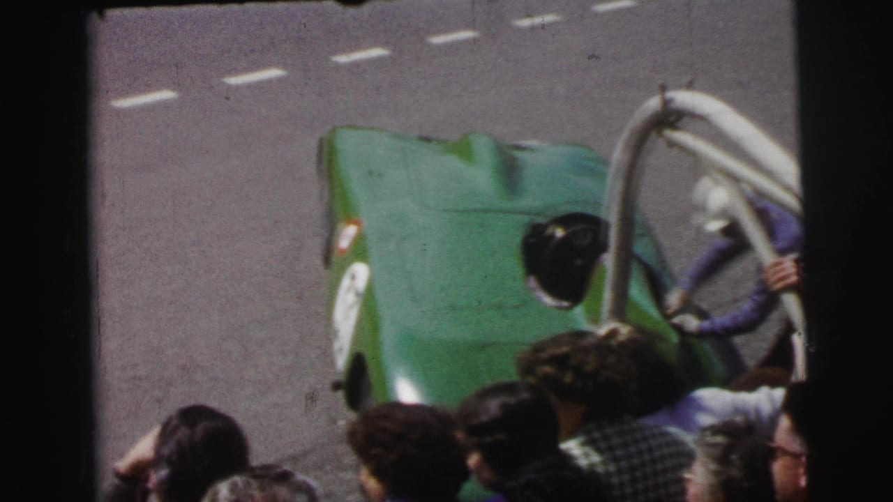 Helmeted person in purple beside a green race car as spectators watch.