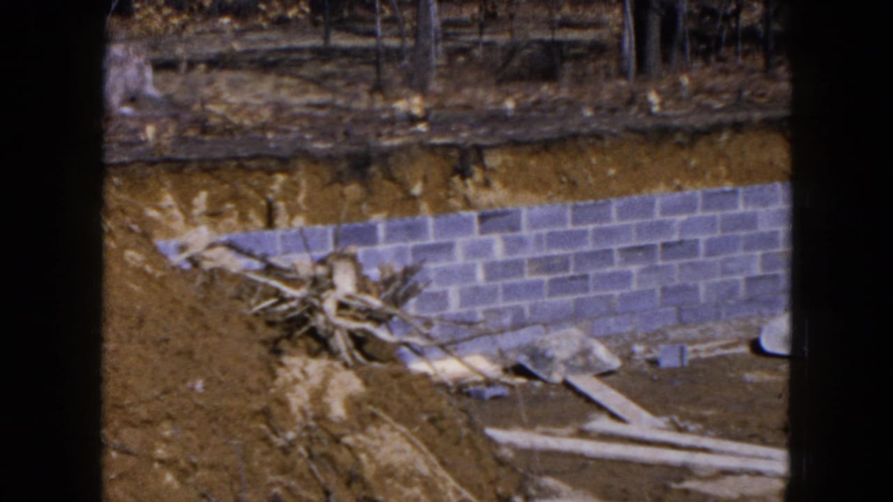 Excavated foundation wall with cinder blocks, dirt bank, boards, roots, and trees behind it.