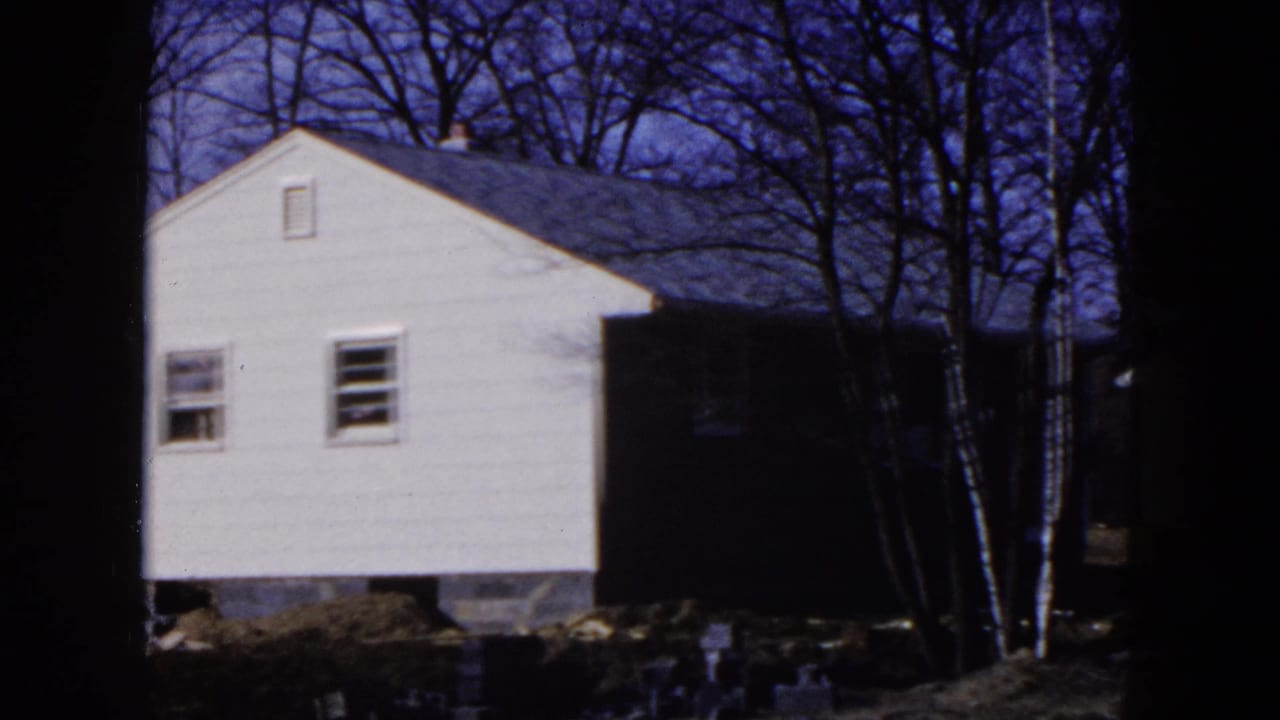 Pale gabled house beside bare trees and rough ground.