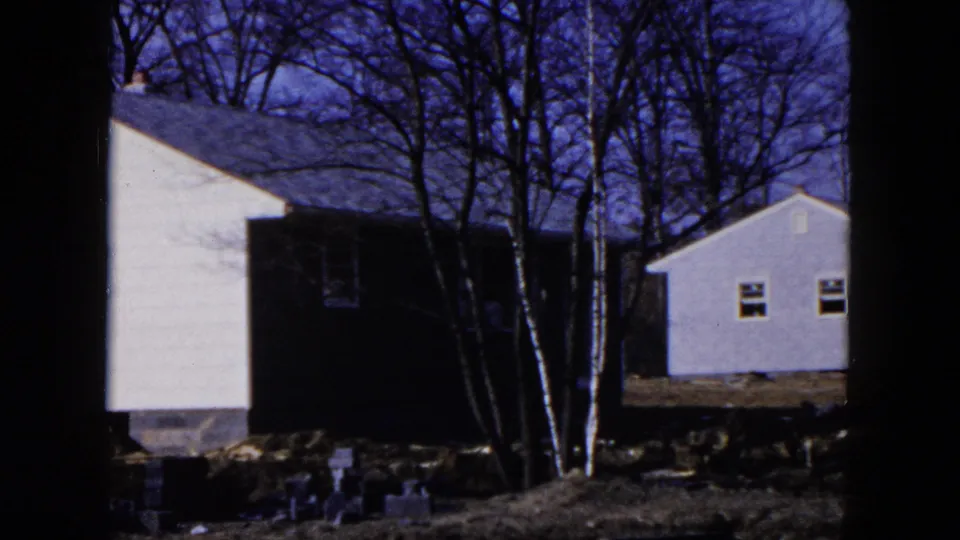 1954 Hicksville frame with a light-colored gabled house, dark side addition, bare trees, and another small house in the background.