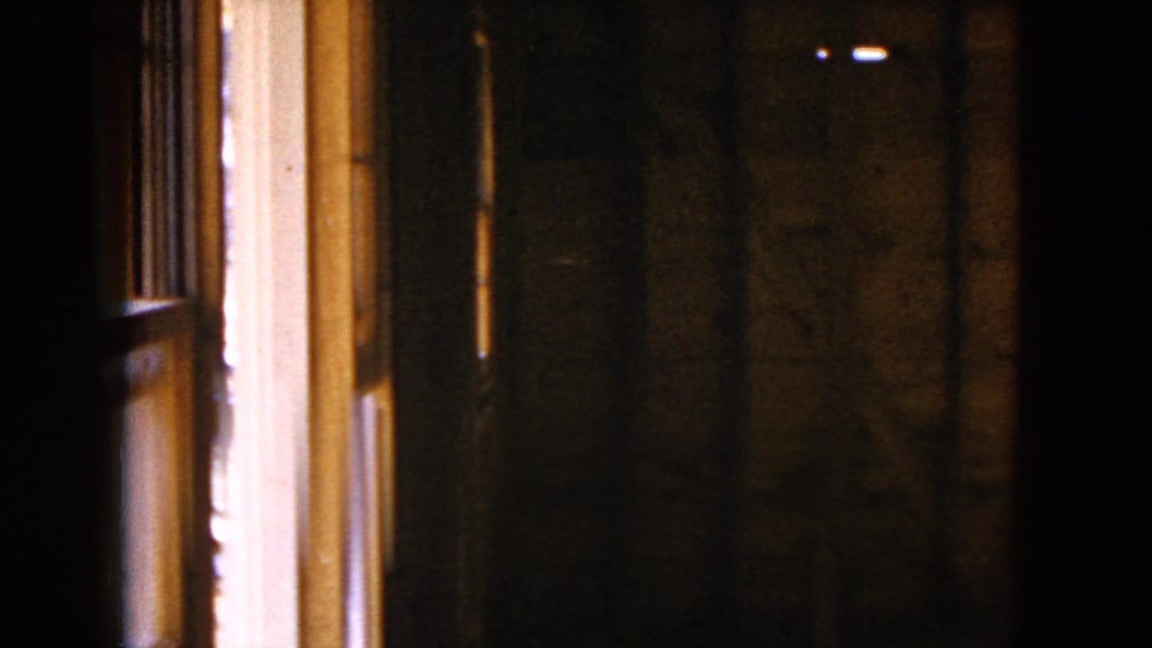 1954 8mm view inside an unfinished Hicksville home, with exposed wood framing and strong window light at the left edge.