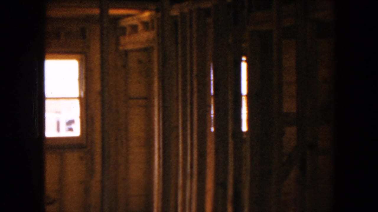 8mm frame from the Hicksville house interior, with a bright window and rough wooden framing visible in low light.