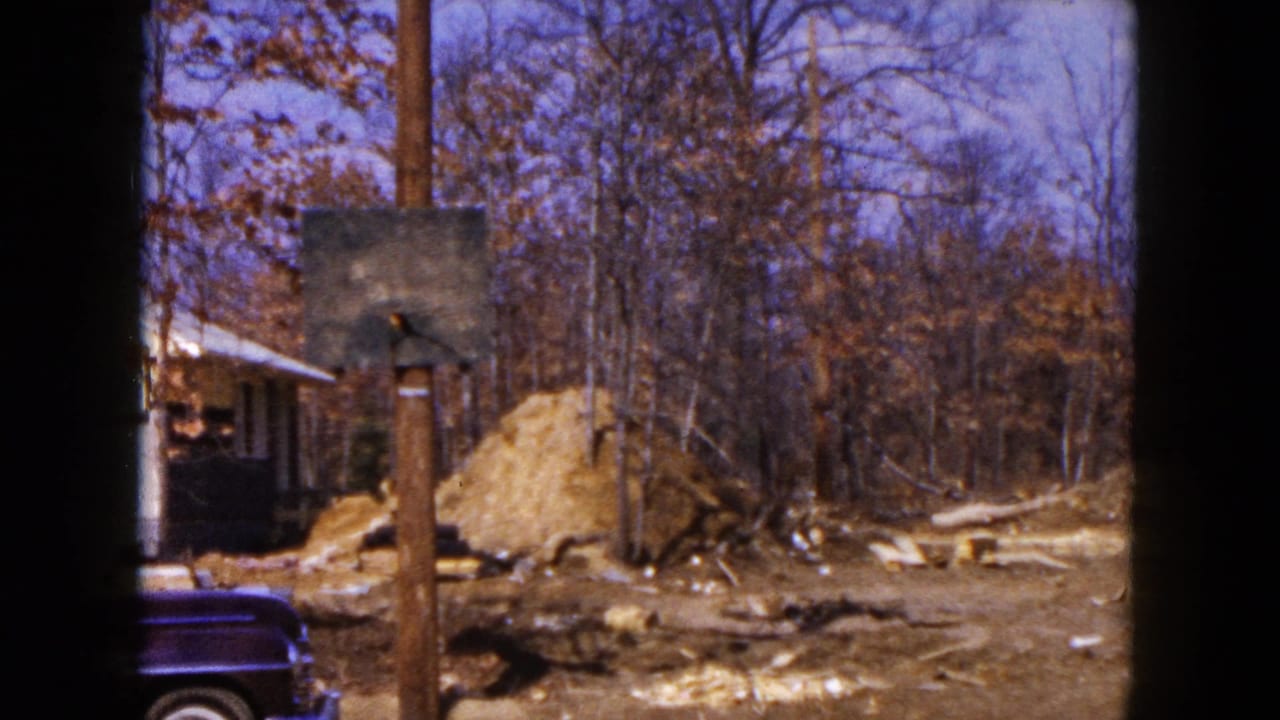 House construction area with dirt piles, leafless woods, utility pole, and part of a parked car.