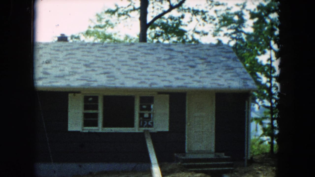 Small dark-sided house with white trim, porch steps, trees, and a plank leaning below a window.